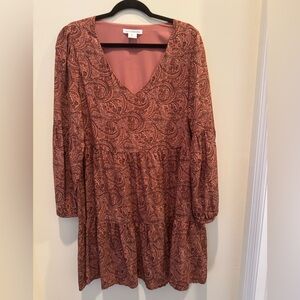 Lucky Brand Rust Colored Paisley Long Sleeve Dress